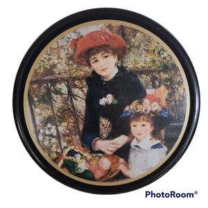 Vintage Tin Victorian Old England Mother and Child Flower Basket Floral Hat Nice